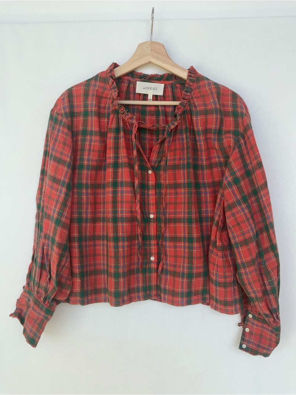 THE GREAT. Red and Green Plaid Ruffle-Collar Button Front Blouse